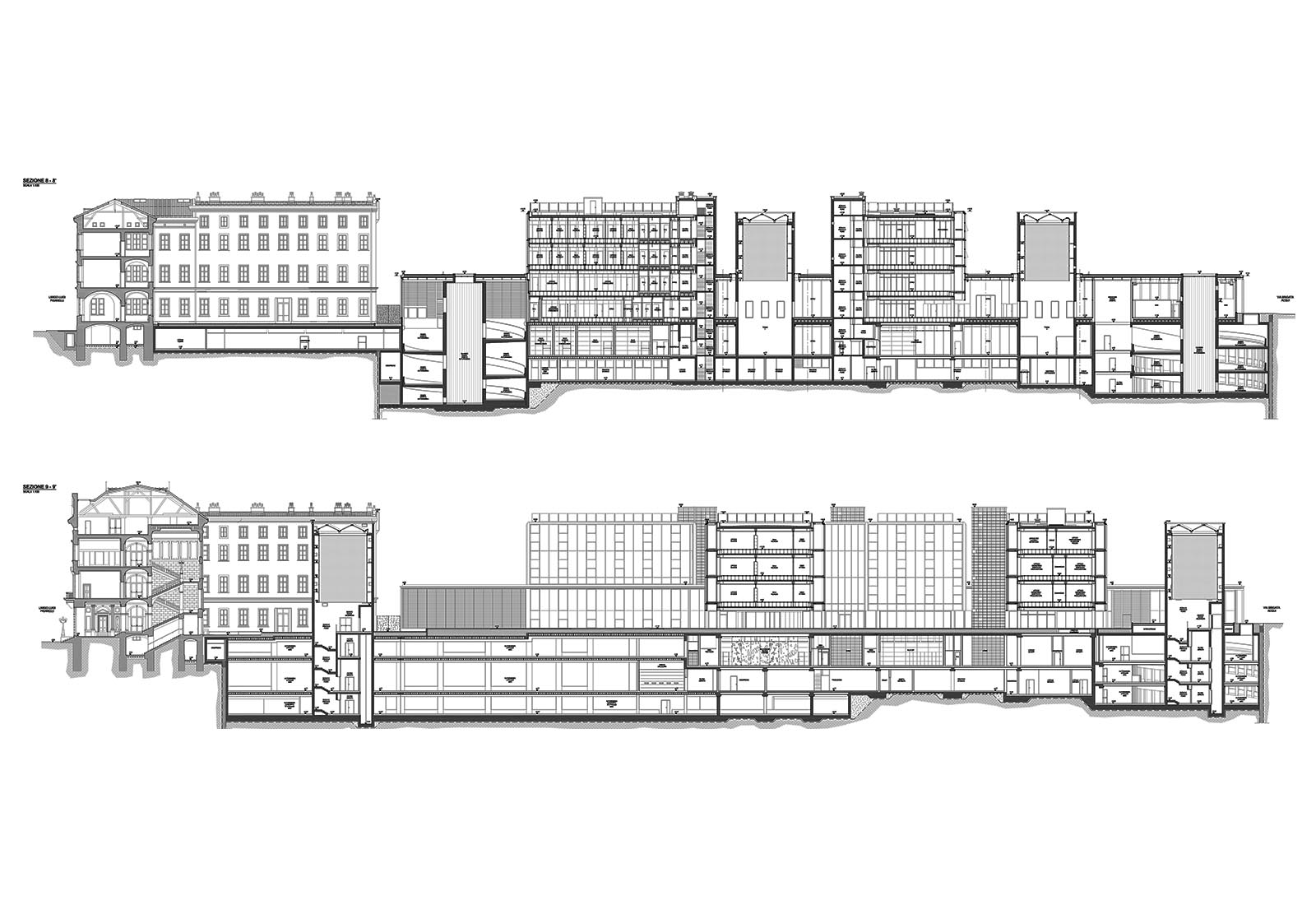 New courthouse in Trento - Longitudinal sections