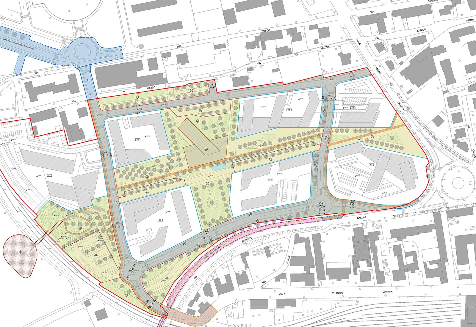 Parking lots in the Baslini area Treviglio - Project plan of roads and parking