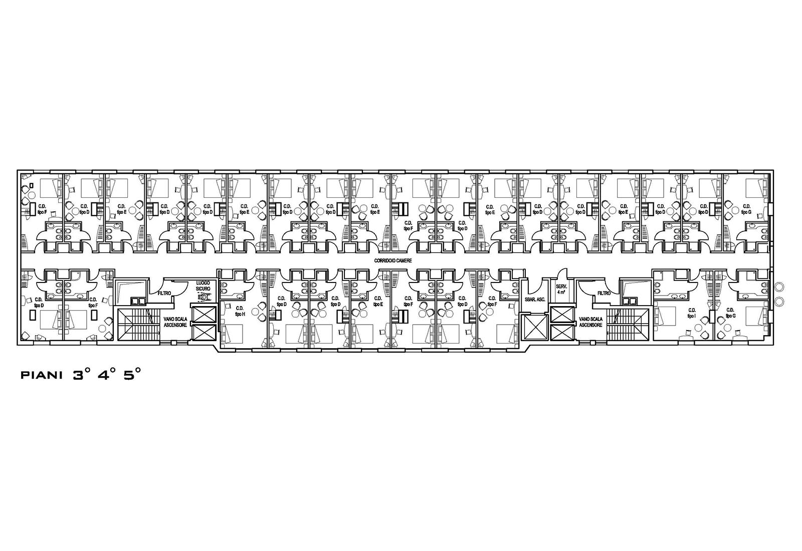 Hotel in via Fantoli a Milano - Pianta piani 3°, 4° e 5°