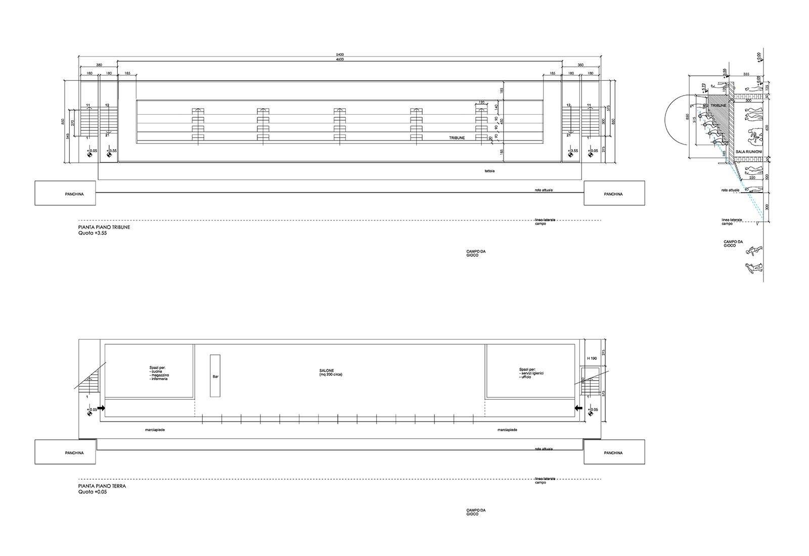 Sports field grandstands and service rooms building in Greggio - Grandstands concept design