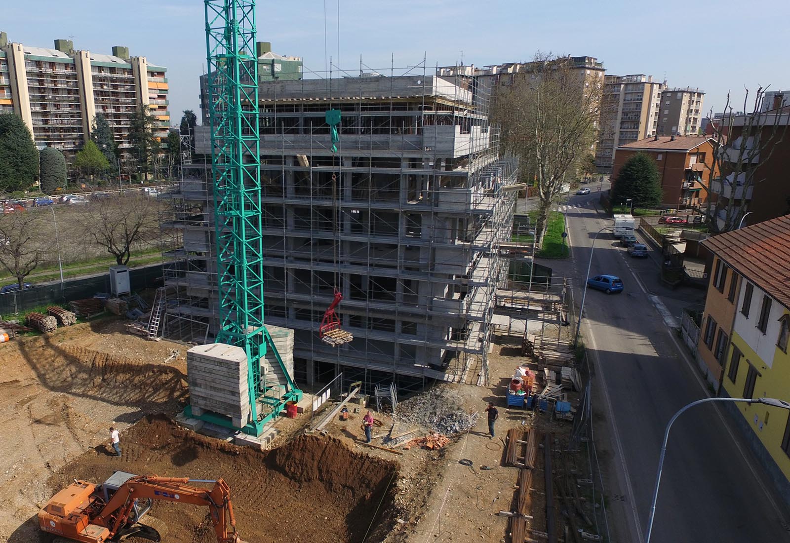 Residential buildings in Biringhello street in Rho - Aerial view of the construction site