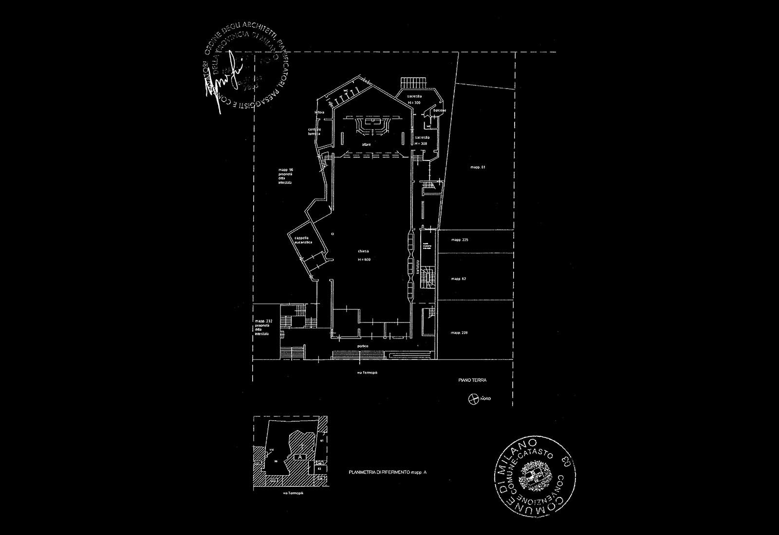 Church and parish building in Termopili street in Milan - Cadastral plan