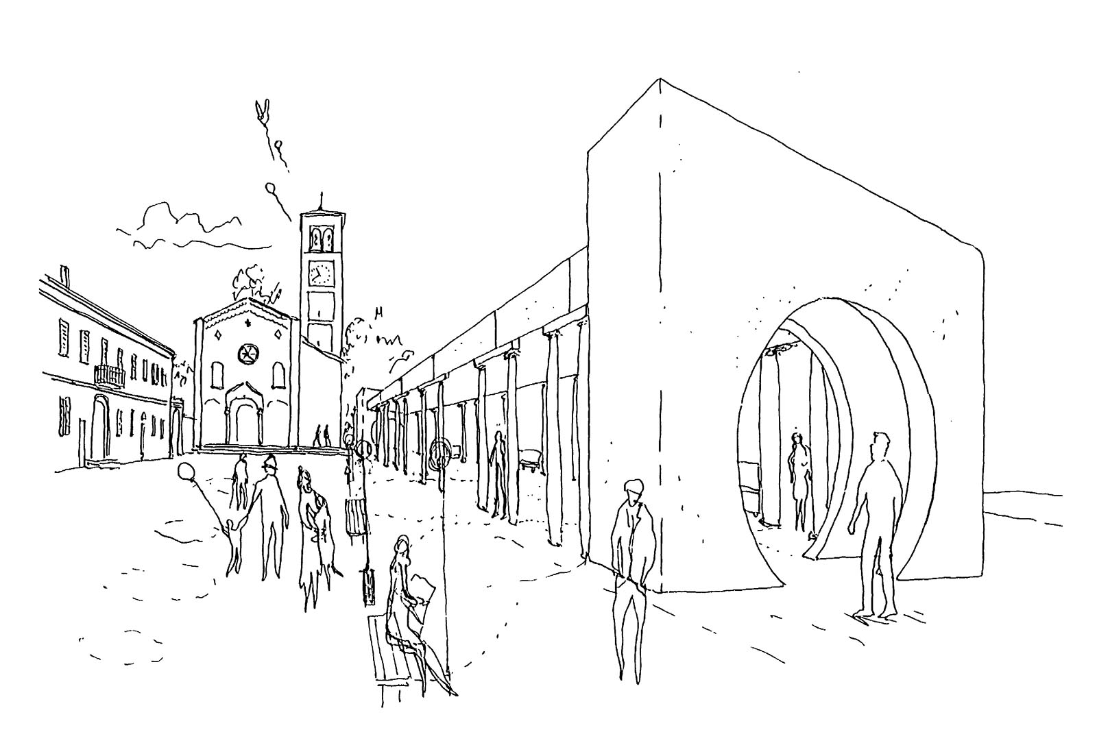 Square in front of the old church of S. Pietro all'Olmo in Cornaredo - Perspective view