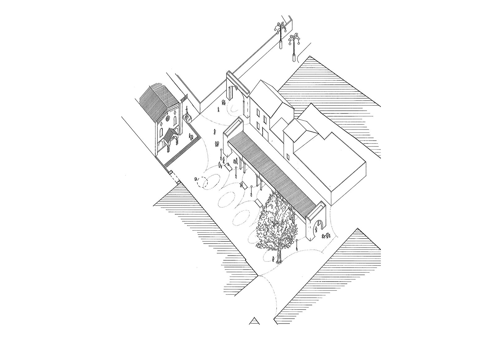 Square in front of the old church of S. Pietro all'Olmo in Cornaredo - Axonometric view