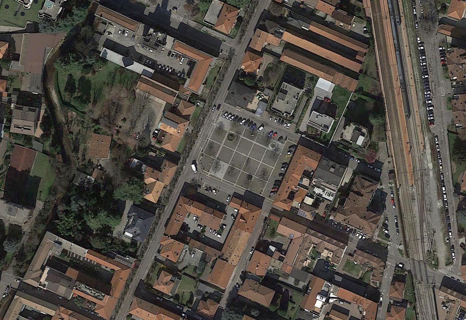 Square in Marconi and Manzoni streets area in Seveso - Aerial view