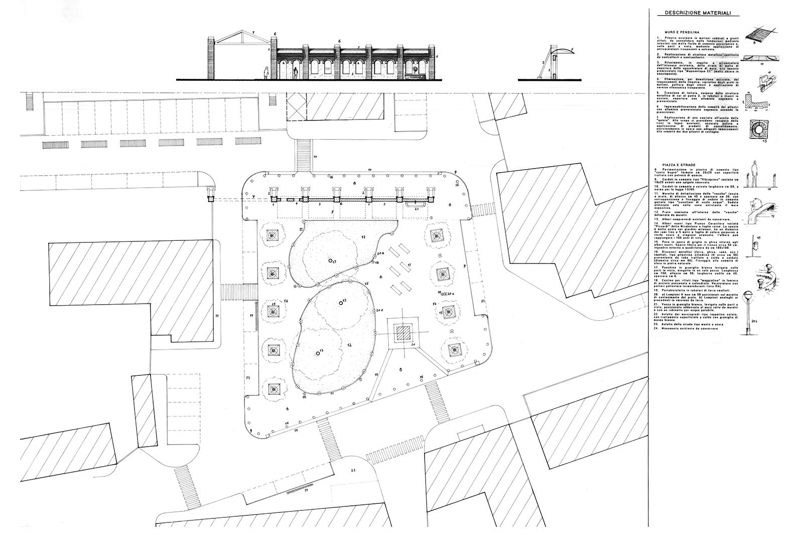 Square area adjoining "piazza Roma" in Cerchiate di Pero - Materials