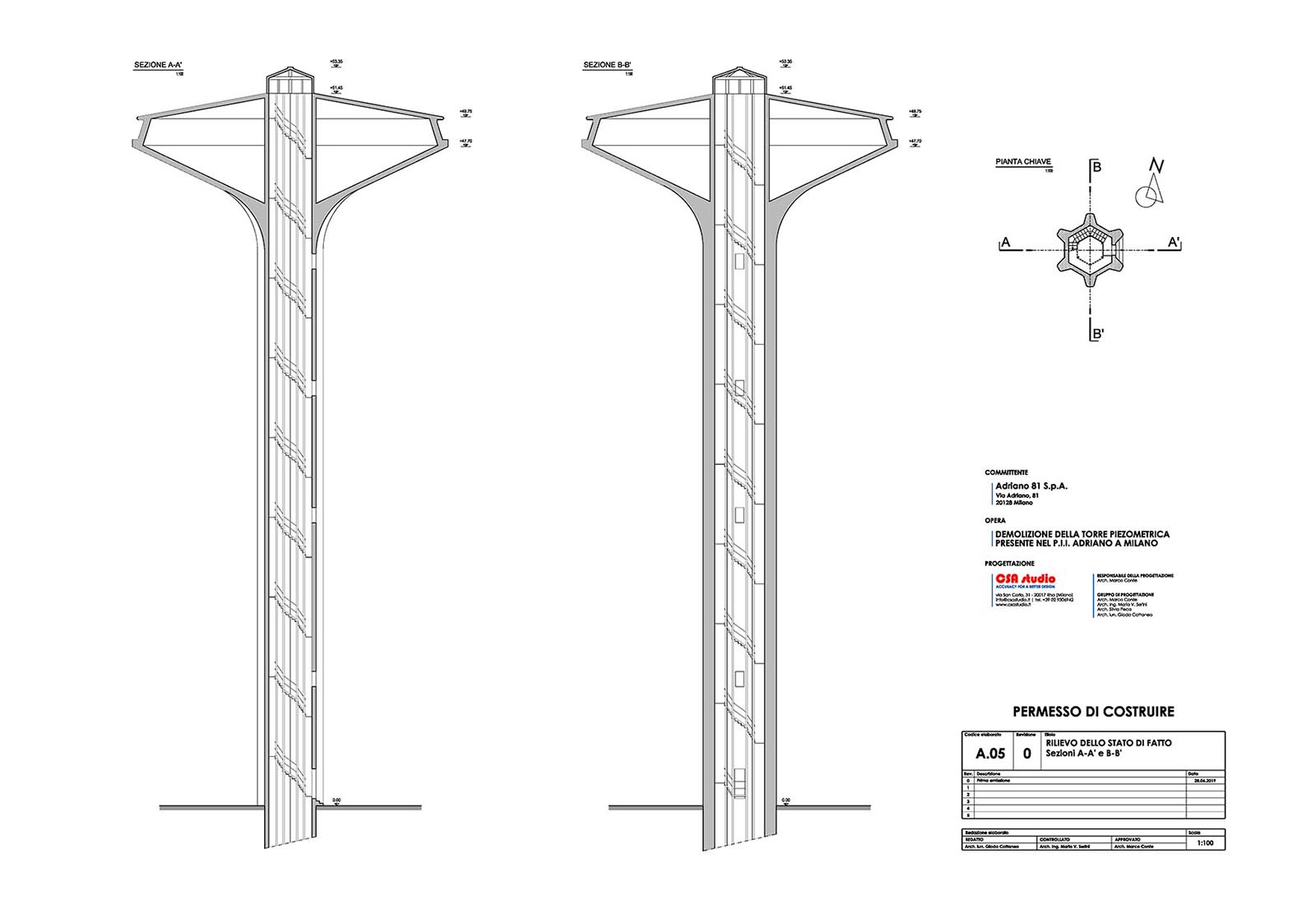 Piezometric tower Adriano street Milan - Sections