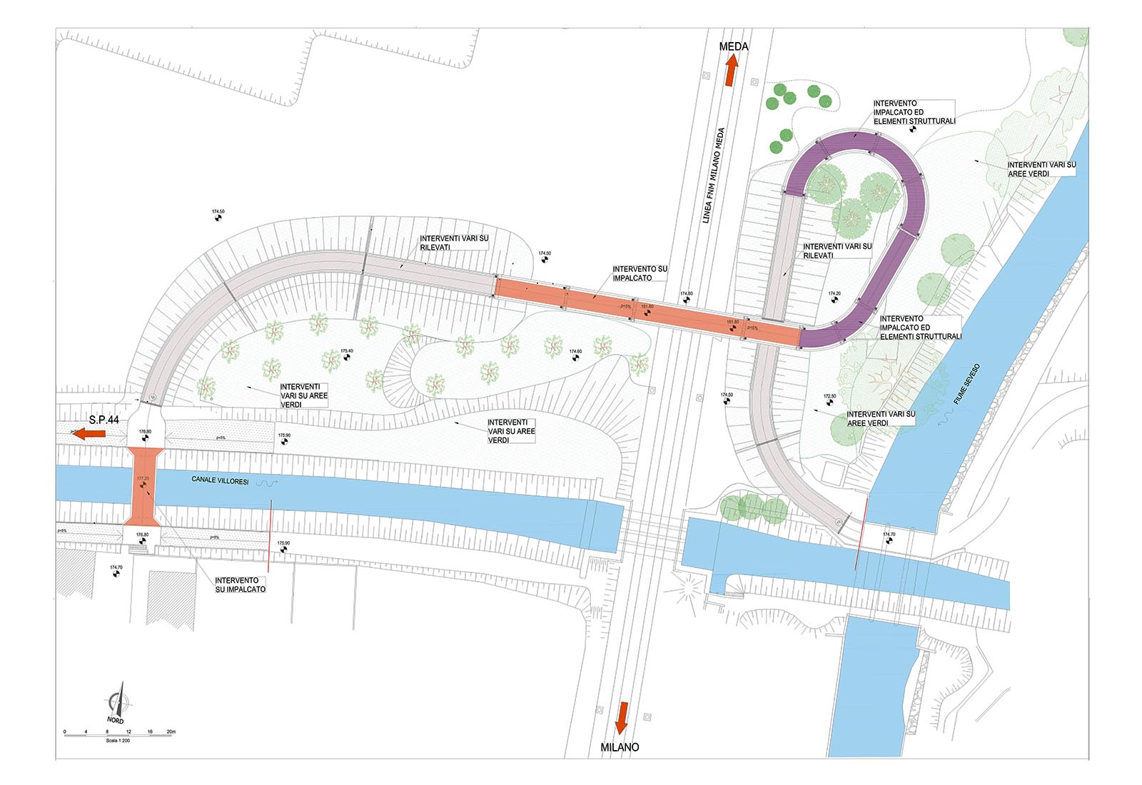 Railroad overpass and bridge over Villoresi canal in Paderno Dugnano - Scheme of the interventions