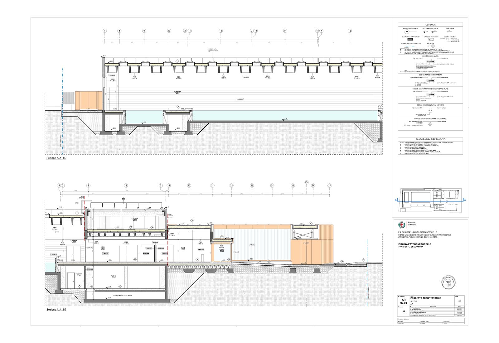 Centro Natatorio in via Fatebenesorelle a Milano - Sezione longitudinale