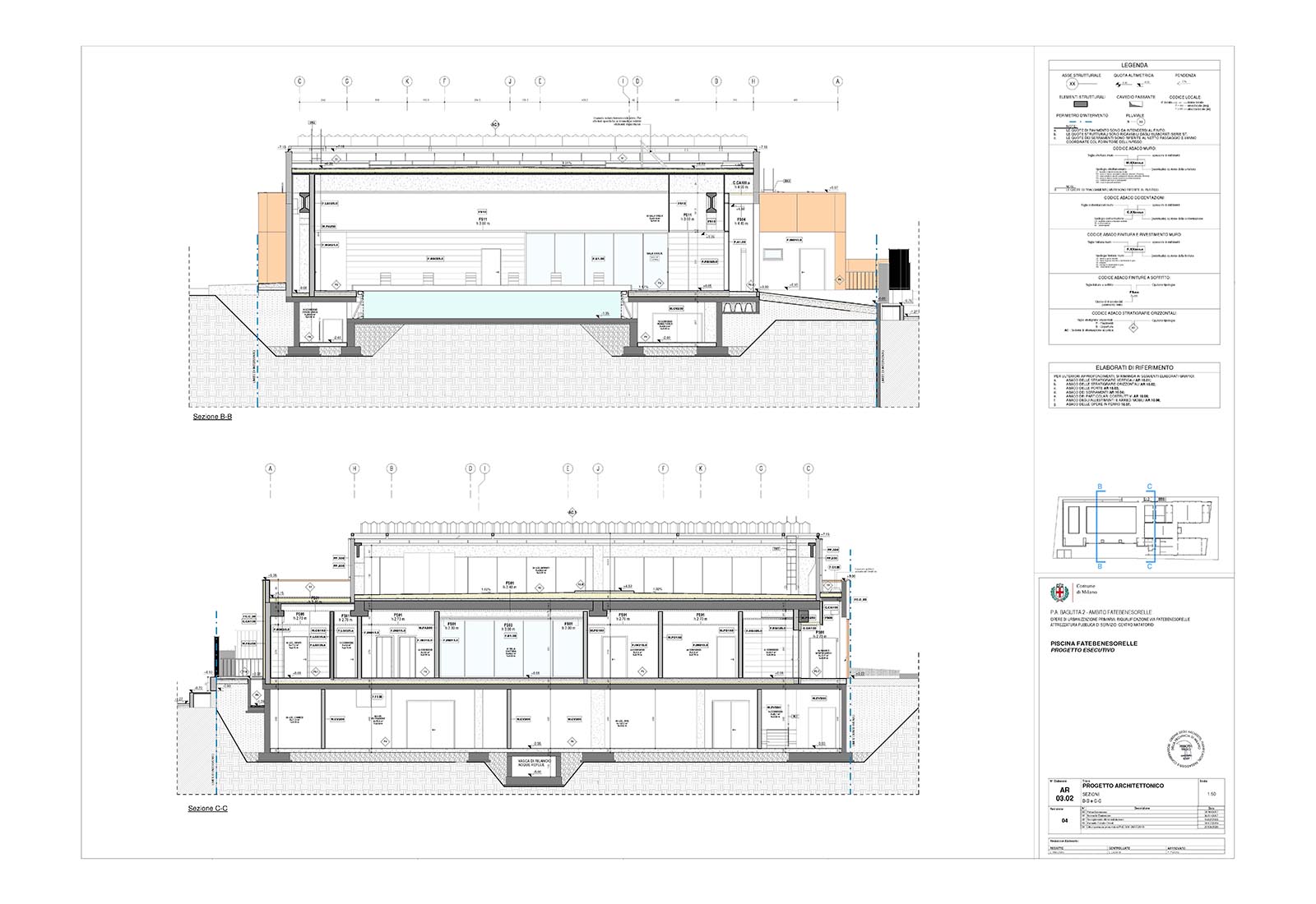 Centro Natatorio in via Fatebenesorelle a Milano - Sezione trasversale