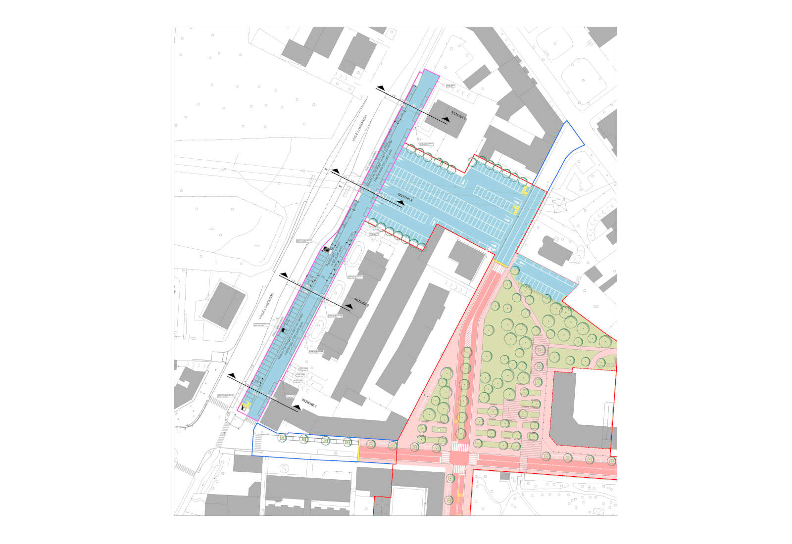 Urbanization works Piano del Centro in Brugherio - The project of the parking area on Lombardia avenue