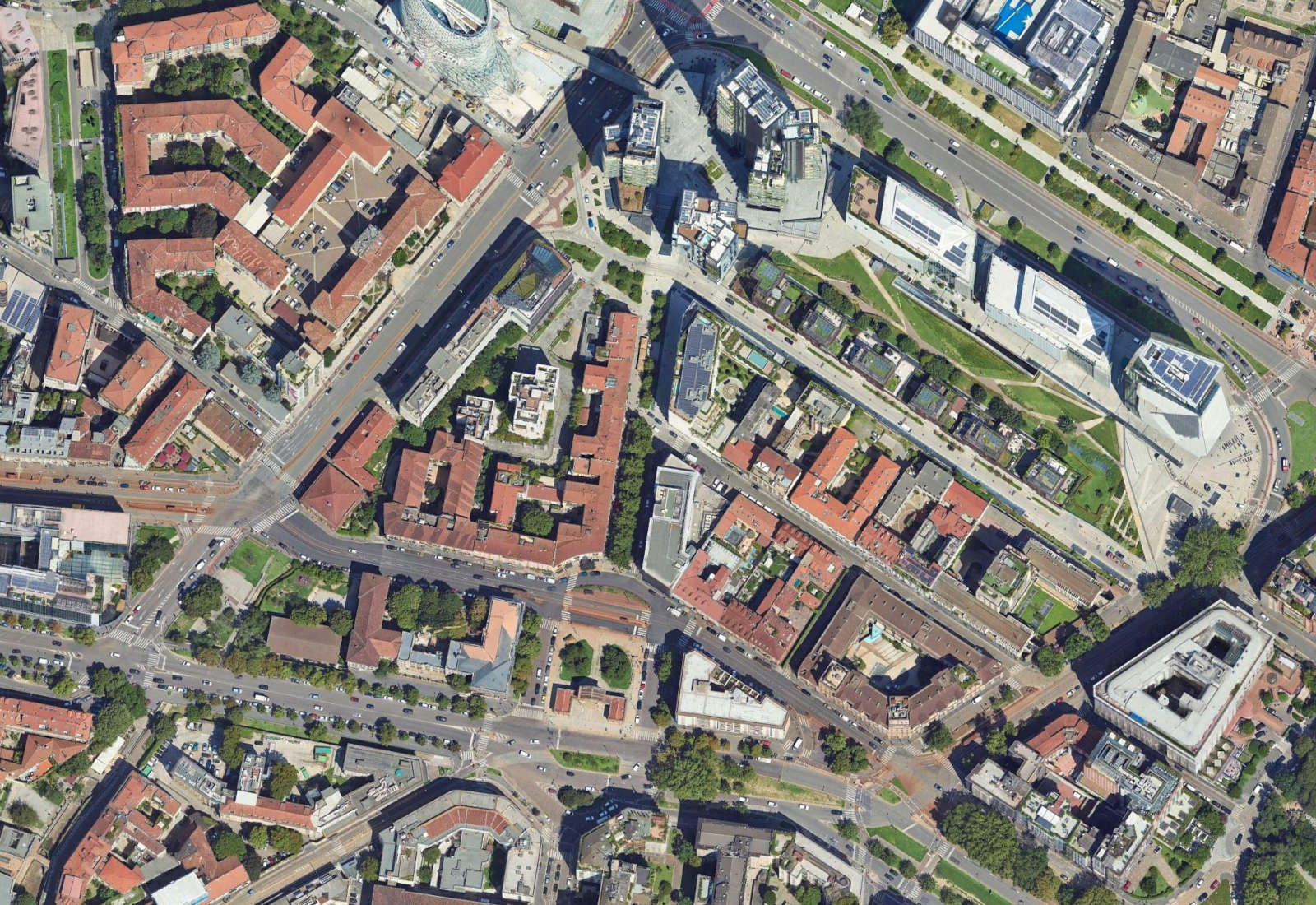 Vespucci street and Principessa Clotilde square in Milan - Zenithal aerial view