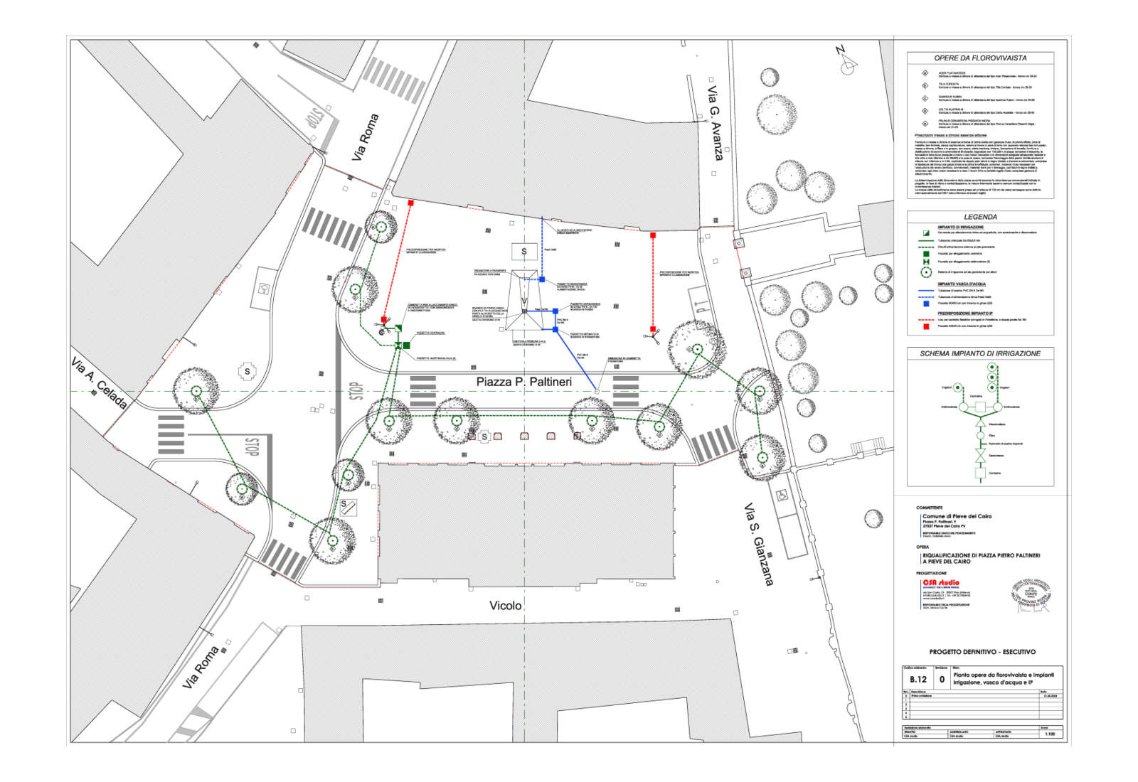 Piazza Paltineri a Pieve del Cairo - Pianta opere da florovivaista e impianto di irrigazione
