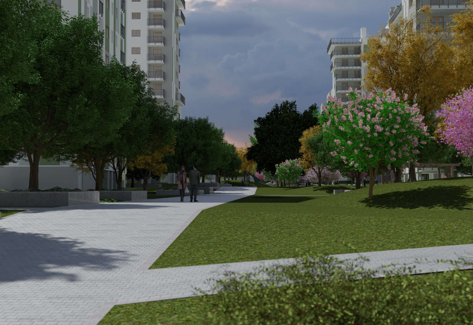 Square in the Adriano urban plan in Milan - View going up from Adriano stret towards the small square