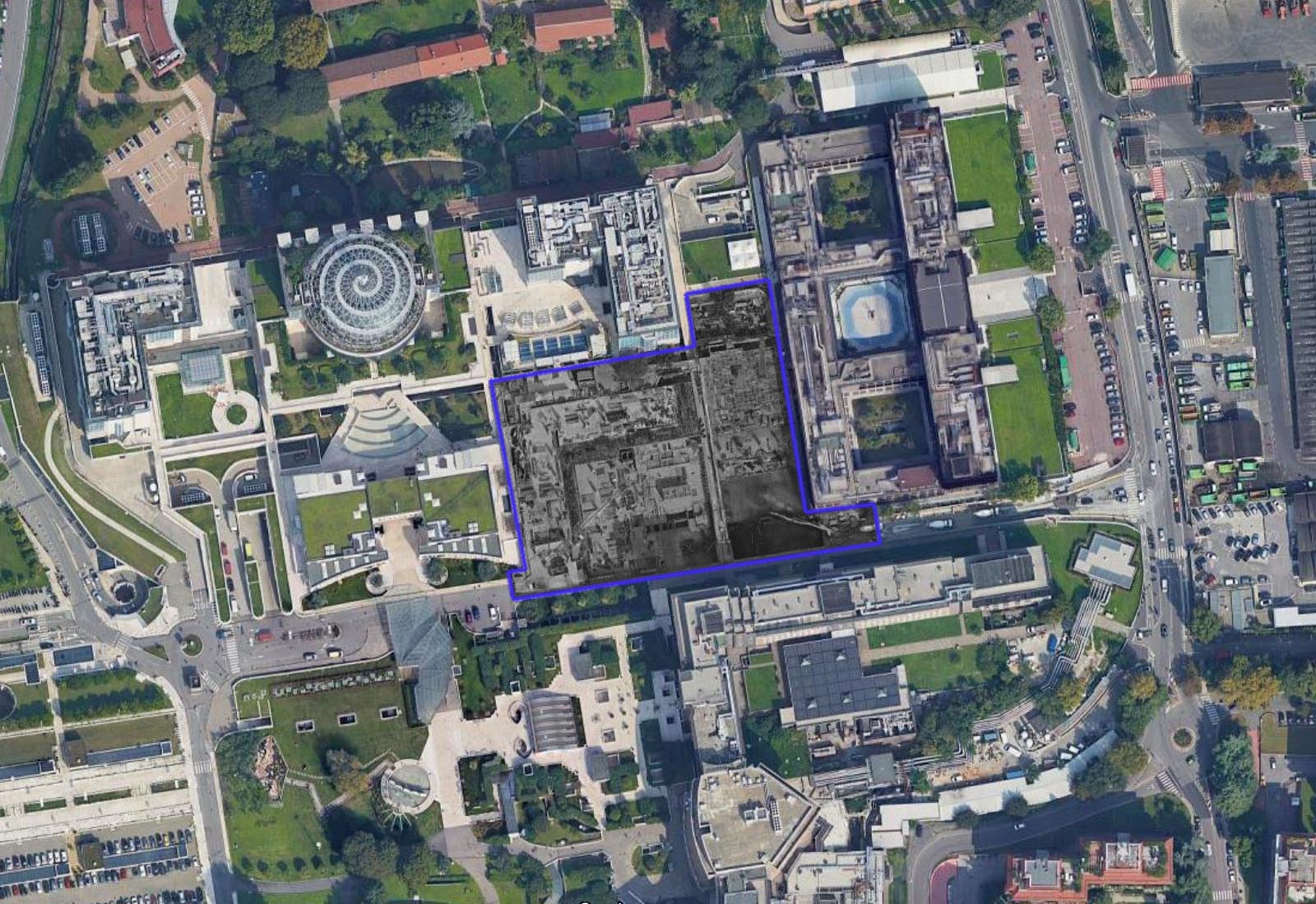 Hospital building in Ospedale San Raffaele in Milan - Aerial view of the construction site area