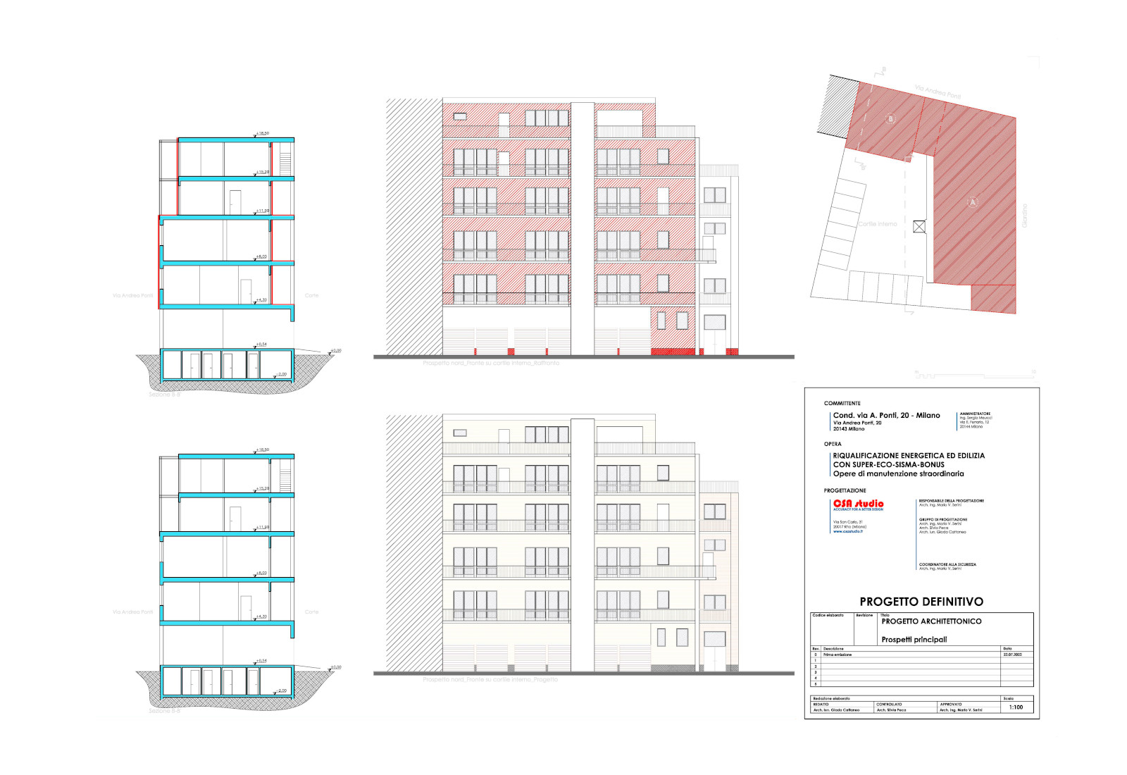 Condominio via Andrea Ponti, 20 a Milano - Prospetti Stato di raffronto e di progetto