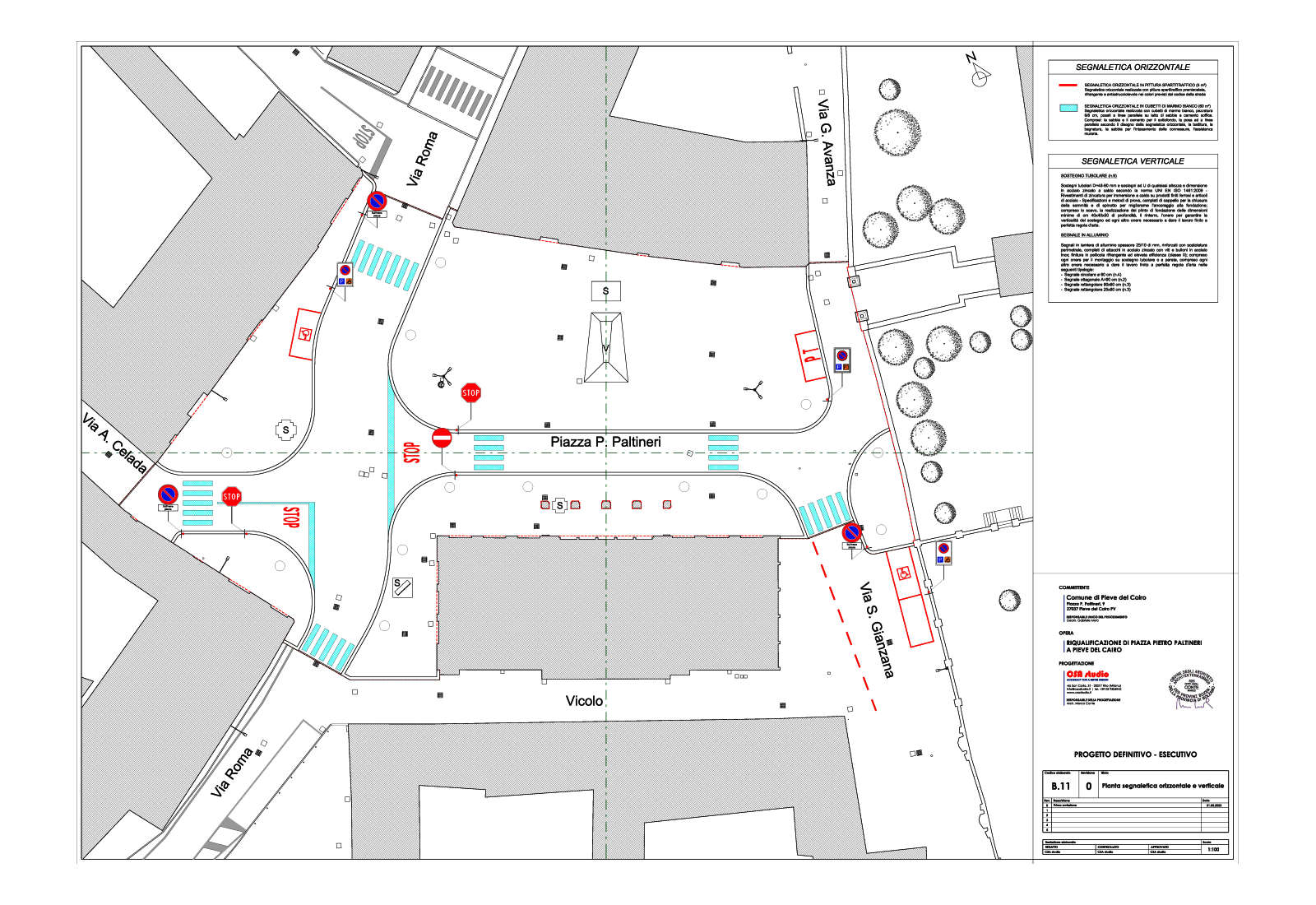 Paltineri square in Pieve del Cairo - Horizontal and vertical signage plan