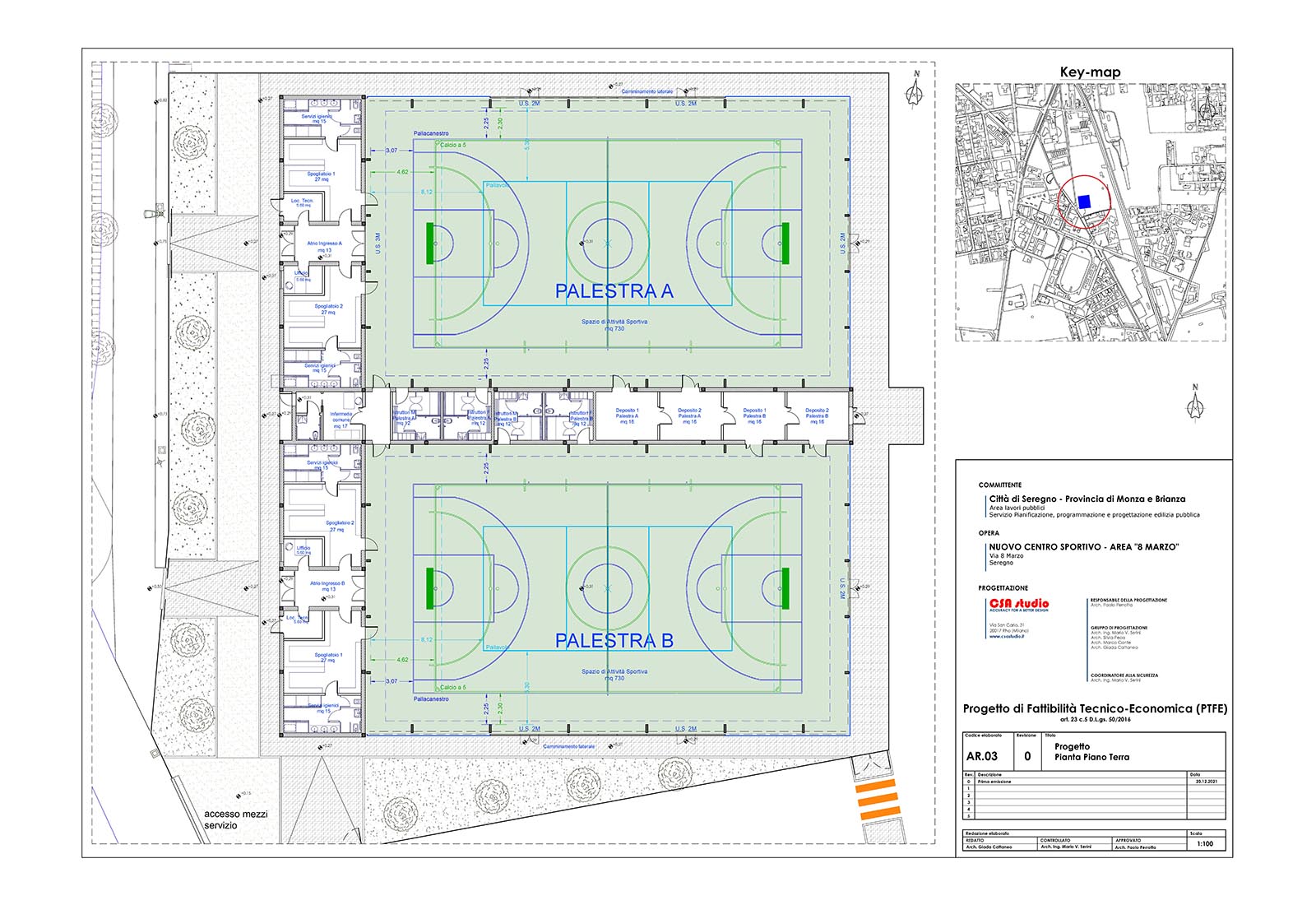 Sports fields and service building in Seregno - Ground floor plan