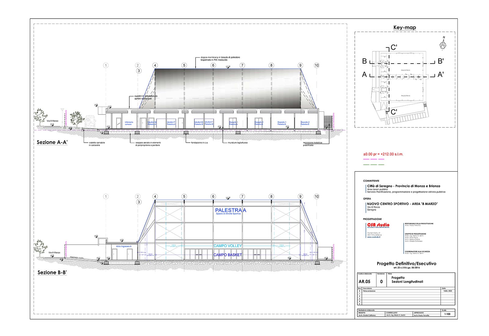 Sports fields and service building in Seregno - Longitudinal sections