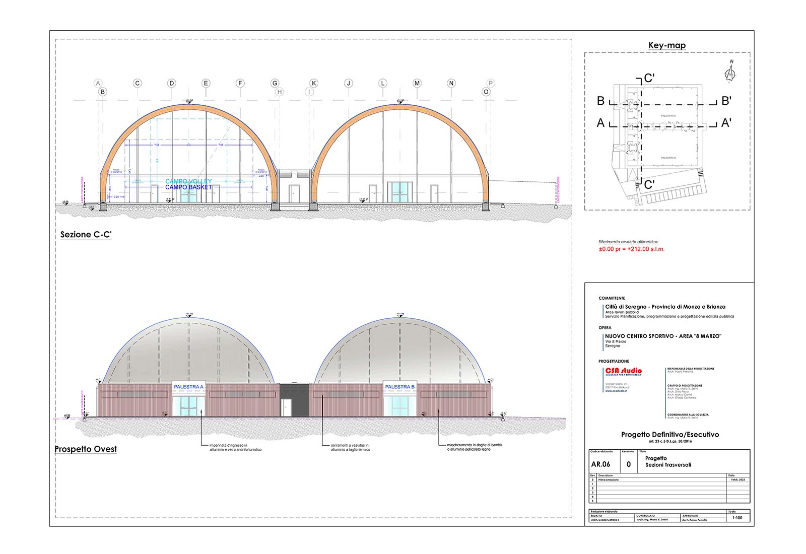 Sports fields and service building in Seregno - Cross section