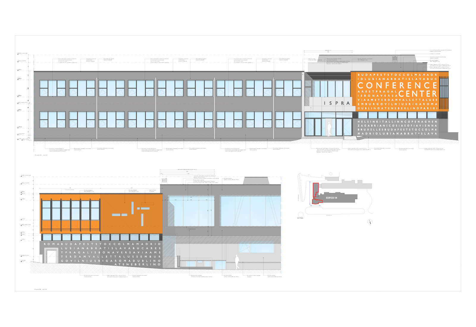 Spazi di lavoro collettivo e ristorazione, edificio 36, presso il JRC a Ispra - Prospetti