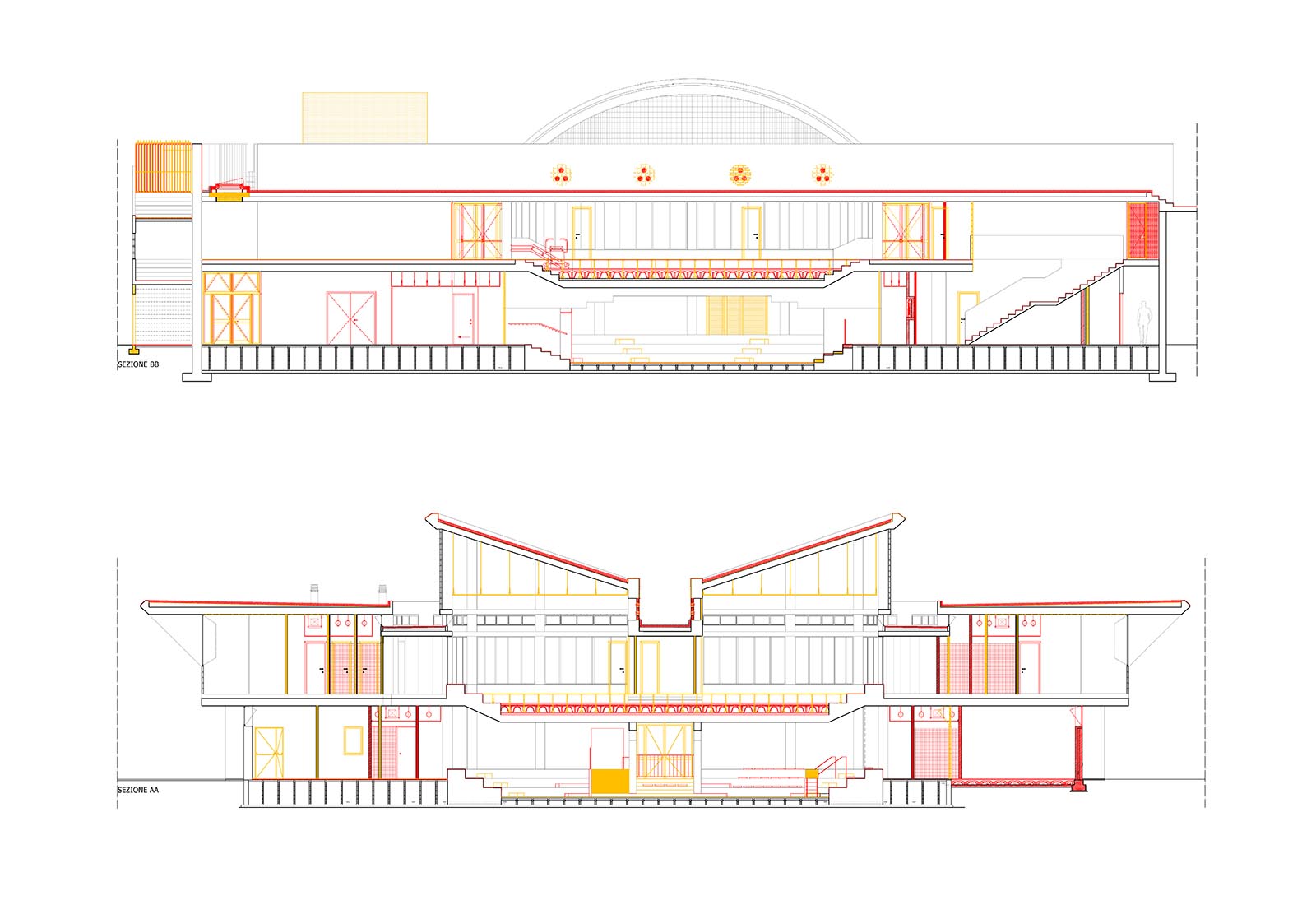 Public service building renovation in Puccini square in Pieve Emanuele - Sections comparison