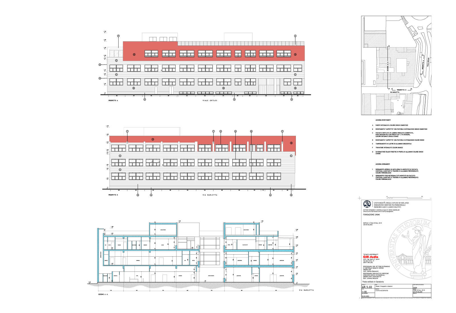 Conformity assessment for a University building in Ortles street, Milan - Elevations